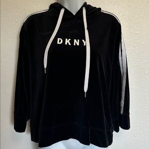 DKNY Black Velour Pullover Hoody with White Stripe Details Size Medium